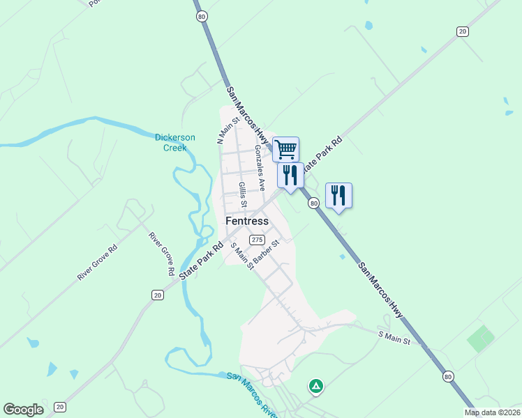 map of restaurants, bars, coffee shops, grocery stores, and more near in Fentress