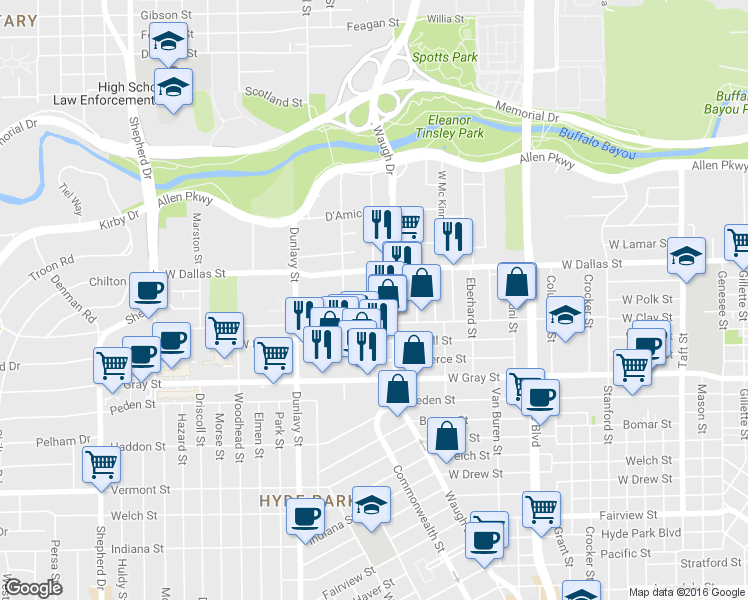 map of restaurants, bars, coffee shops, grocery stores, and more near 1024 Rosine Street in Houston