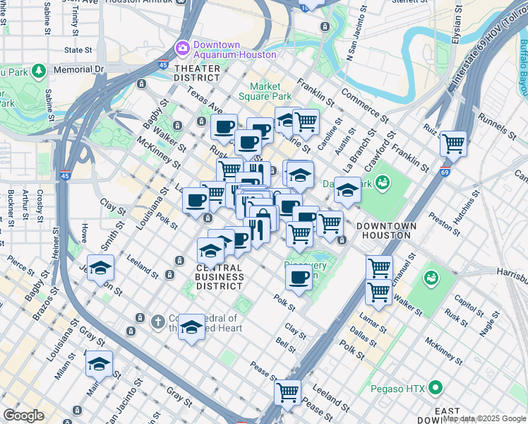 map of restaurants, bars, coffee shops, grocery stores, and more near 1221 McKinney Street in Houston