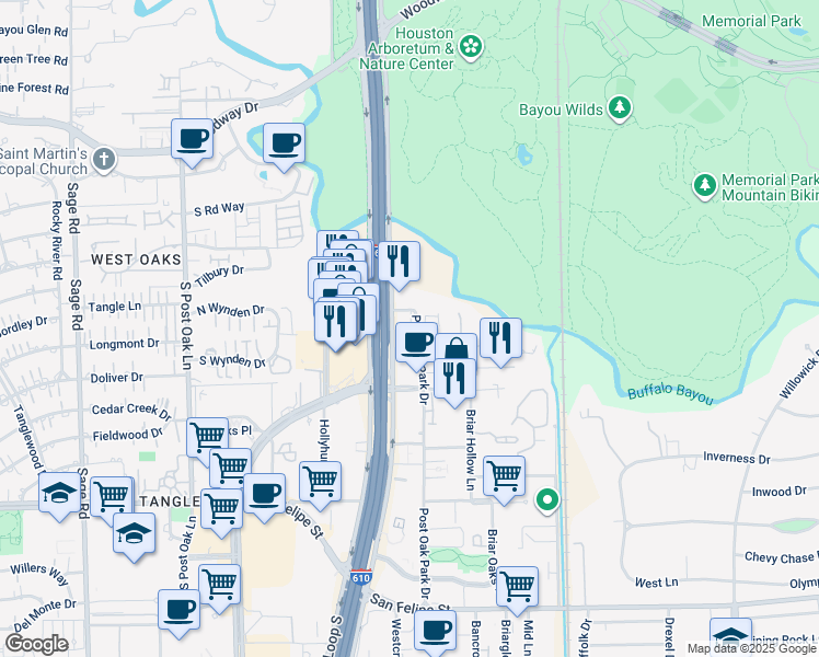 map of restaurants, bars, coffee shops, grocery stores, and more near 1301 Post Oak Park Drive in Houston