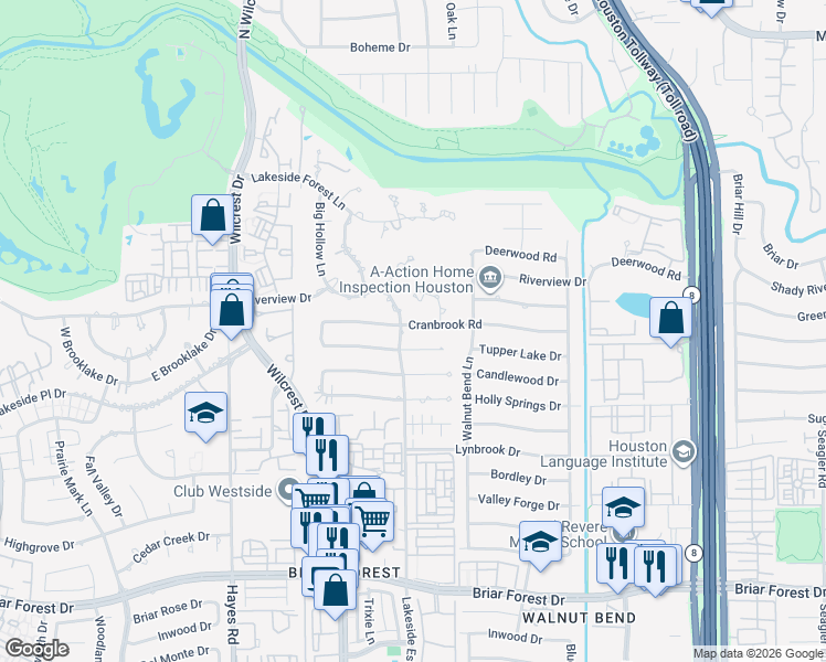 map of restaurants, bars, coffee shops, grocery stores, and more near 10827 Tupper Lake Drive in Houston