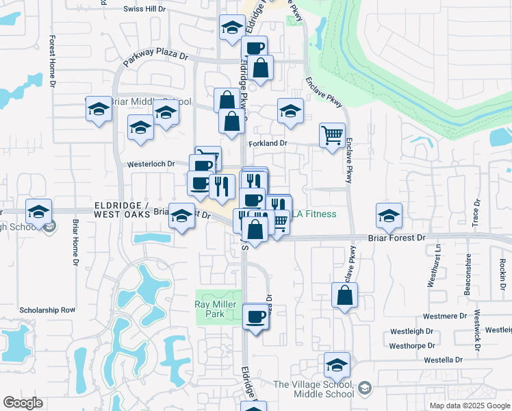 map of restaurants, bars, coffee shops, grocery stores, and more near 13410 Briar Forest Drive in Houston