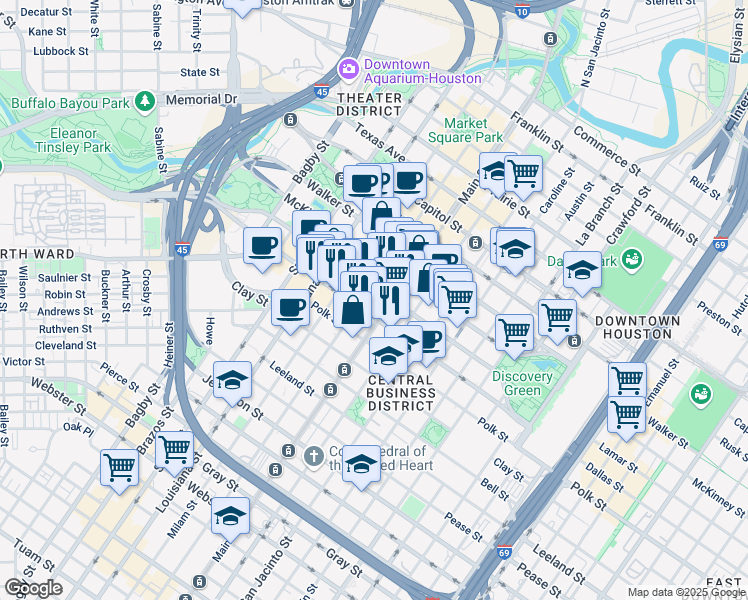 map of restaurants, bars, coffee shops, grocery stores, and more near 1212 Main street in Houston