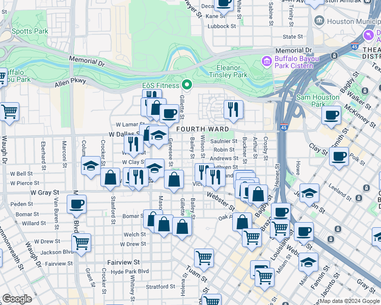 map of restaurants, bars, coffee shops, grocery stores, and more near 1315 Bailey Street in Houston