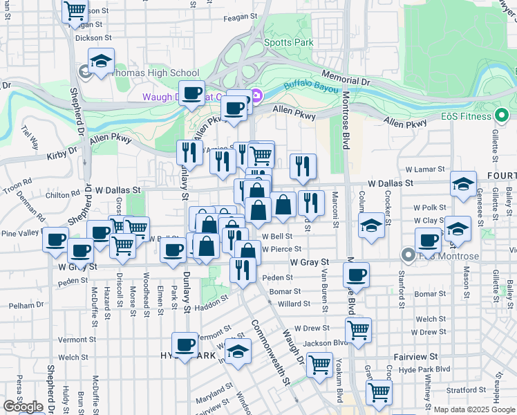 map of restaurants, bars, coffee shops, grocery stores, and more near 1400 West Clay Street in Houston