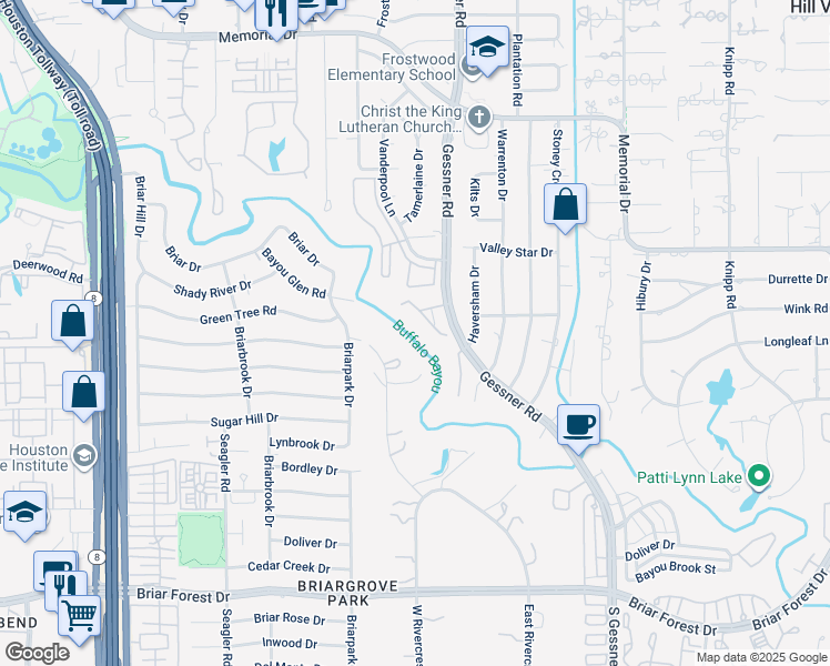 map of restaurants, bars, coffee shops, grocery stores, and more near 17 Woodstone Street in Houston