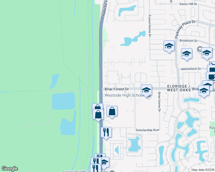 map of restaurants, bars, coffee shops, grocery stores, and more near 14701 Briar Forest Drive in Houston