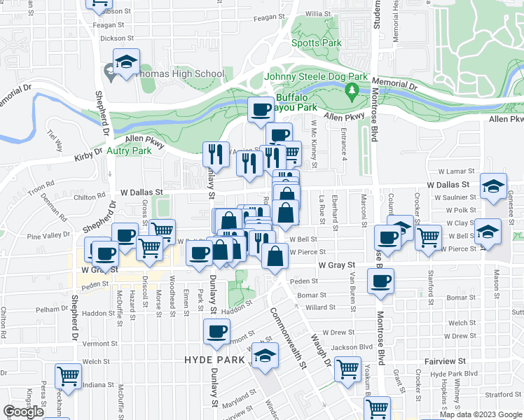 map of restaurants, bars, coffee shops, grocery stores, and more near 1518 West Clay Street in Houston