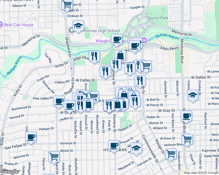 map of restaurants, bars, coffee shops, grocery stores, and more near 1920 West Clay Street in Houston
