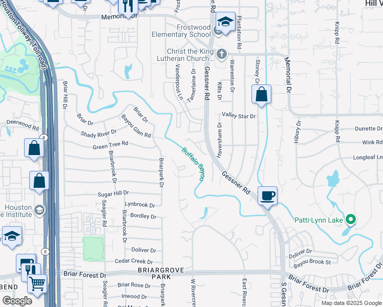 map of restaurants, bars, coffee shops, grocery stores, and more near 17 Woodstone Street in Houston