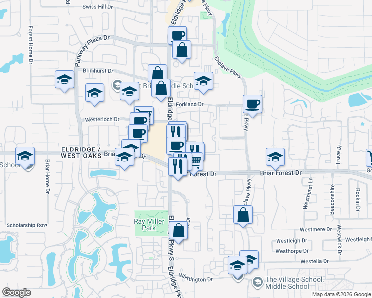 map of restaurants, bars, coffee shops, grocery stores, and more near 13327 Olive Trace in Houston