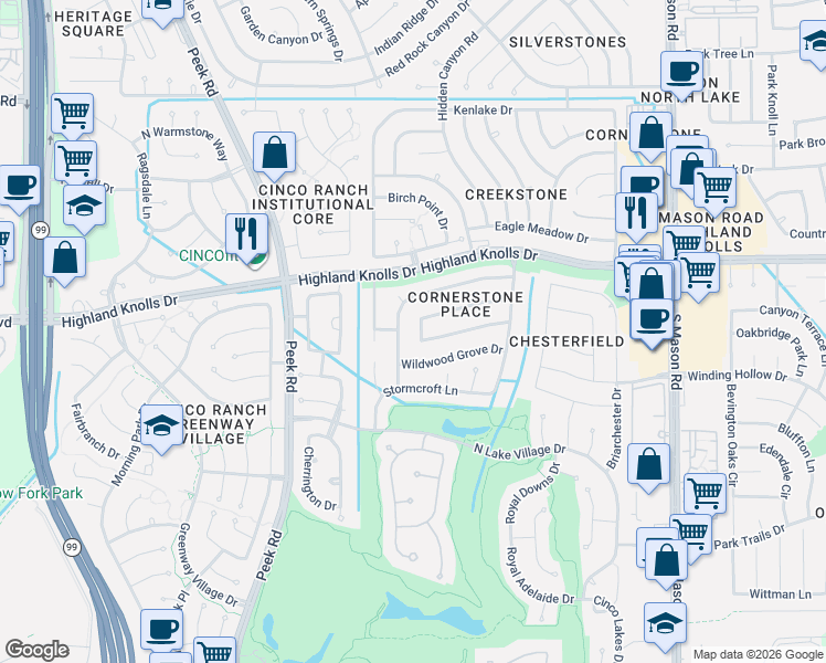 map of restaurants, bars, coffee shops, grocery stores, and more near 22519 Park Point Drive in Katy