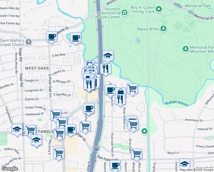 map of restaurants, bars, coffee shops, grocery stores, and more near 1301 Post Oak Park Drive in Houston