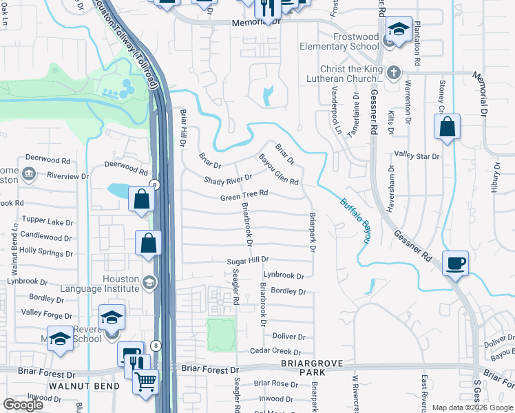 map of restaurants, bars, coffee shops, grocery stores, and more near 10118 Candlewood Drive in Houston