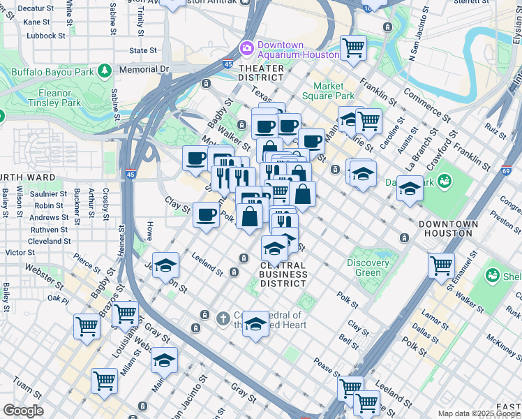 map of restaurants, bars, coffee shops, grocery stores, and more near 1111 Travis Street in Houston