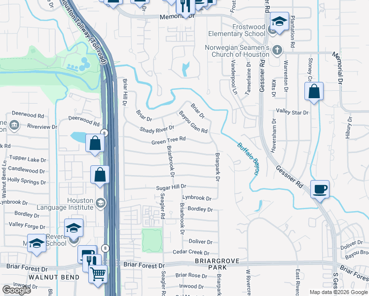 map of restaurants, bars, coffee shops, grocery stores, and more near 10118 Candlewood Drive in Houston