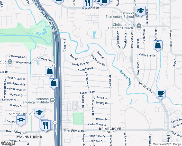 map of restaurants, bars, coffee shops, grocery stores, and more near 10118 Candlewood Drive in Houston