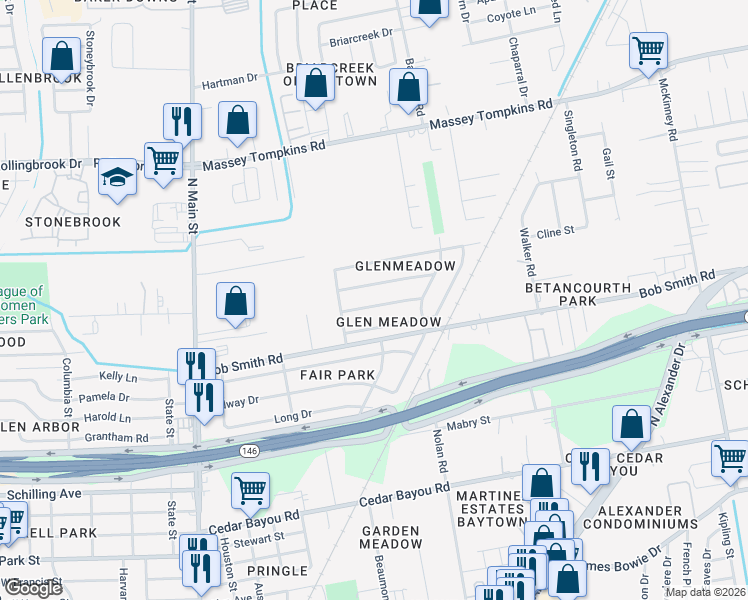 map of restaurants, bars, coffee shops, grocery stores, and more near 700 Meadowick Drive in Baytown