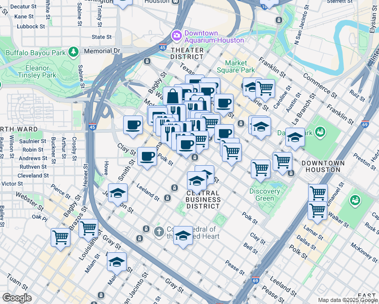 map of restaurants, bars, coffee shops, grocery stores, and more near 802 Lamar Street in Houston