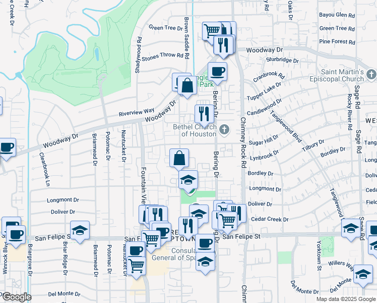 map of restaurants, bars, coffee shops, grocery stores, and more near 1111 Augusta Drive in Houston