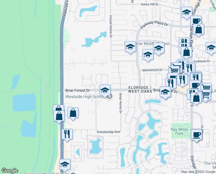 map of restaurants, bars, coffee shops, grocery stores, and more near 14300 Briar Forest Drive in Houston