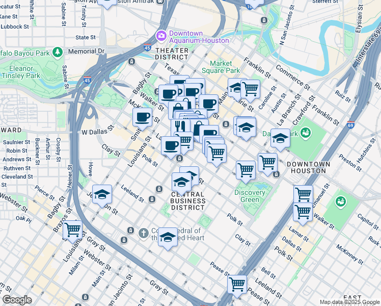 map of restaurants, bars, coffee shops, grocery stores, and more near 1000 Main street in Houston