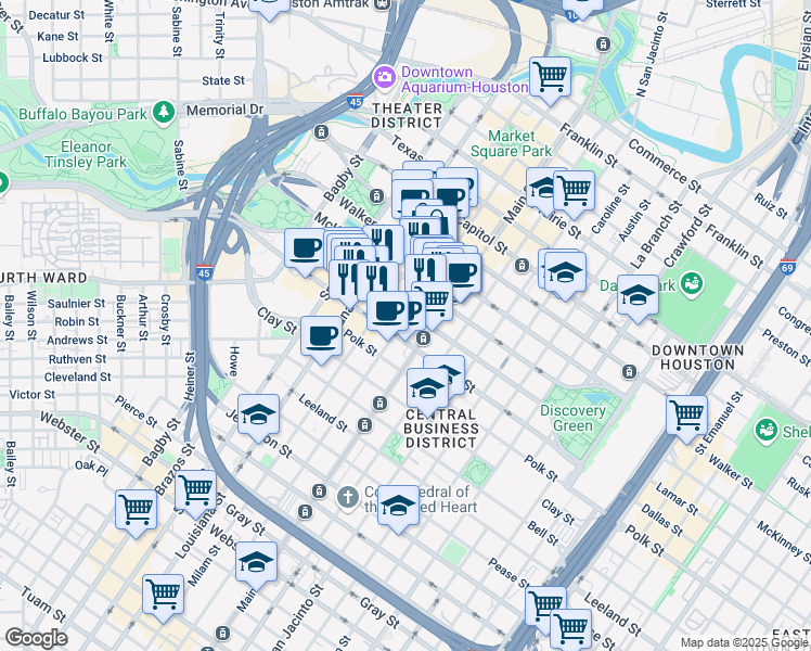 map of restaurants, bars, coffee shops, grocery stores, and more near 1111 Travis Street in Houston