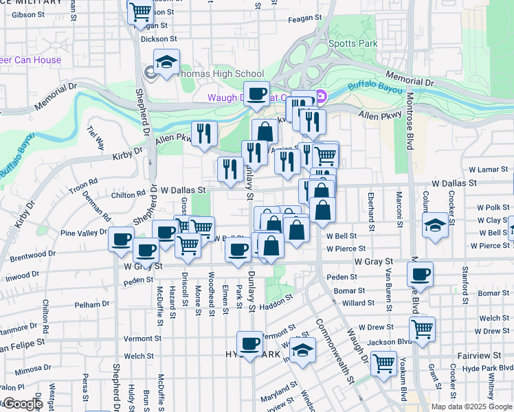 map of restaurants, bars, coffee shops, grocery stores, and more near 1203 Dunlavy Street in Houston