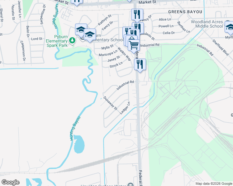 map of restaurants, bars, coffee shops, grocery stores, and more near 12445 Industrial Road in Houston
