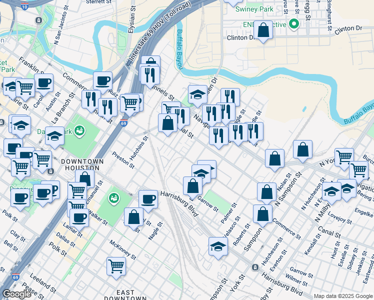 map of restaurants, bars, coffee shops, grocery stores, and more near 42 Colby Street in Houston