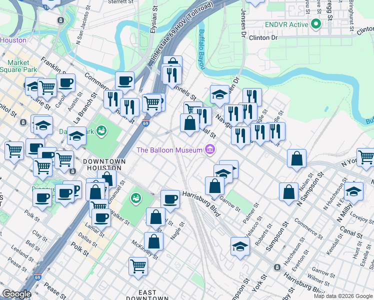 map of restaurants, bars, coffee shops, grocery stores, and more near 2337 Commerce Street in Houston