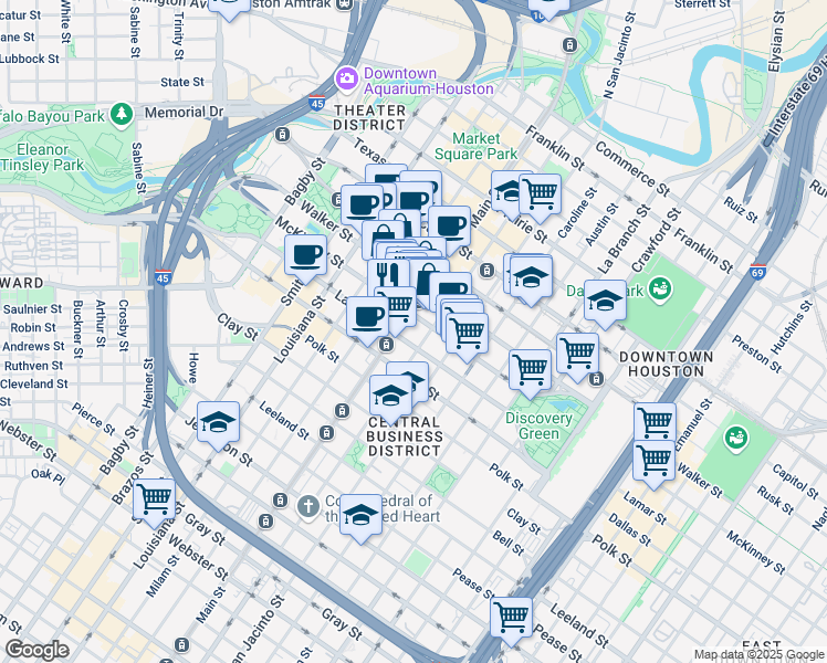 map of restaurants, bars, coffee shops, grocery stores, and more near 1000 Main street in Houston