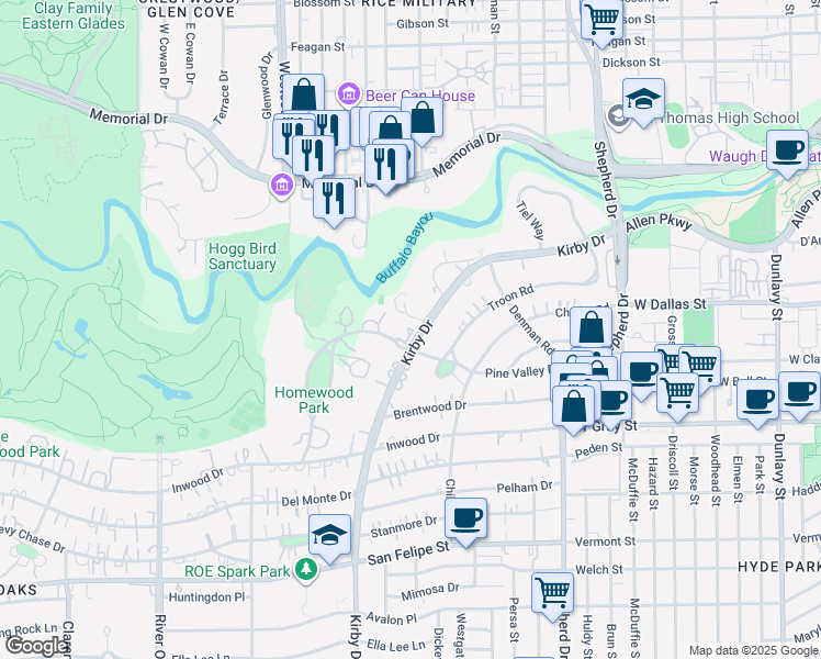 map of restaurants, bars, coffee shops, grocery stores, and more near 1406 Kirby Drive in Houston