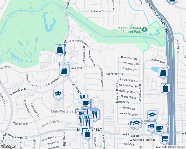 map of restaurants, bars, coffee shops, grocery stores, and more near 10911 Riverview Drive in Houston