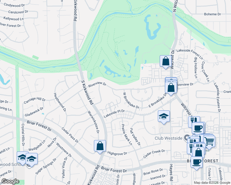 map of restaurants, bars, coffee shops, grocery stores, and more near 11534 Riverview Drive in Houston