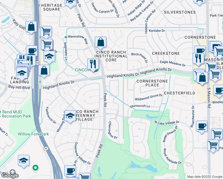 map of restaurants, bars, coffee shops, grocery stores, and more near 1610 Barrington Hills Lane in Katy