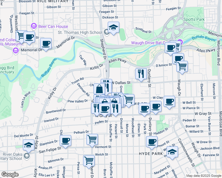 map of restaurants, bars, coffee shops, grocery stores, and more near 1015 South Shepherd Drive in Houston