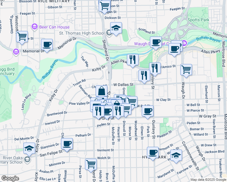 map of restaurants, bars, coffee shops, grocery stores, and more near 1015 South Shepherd Drive in Houston
