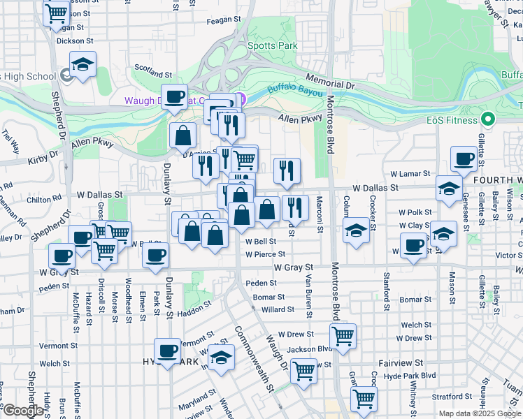 map of restaurants, bars, coffee shops, grocery stores, and more near 1001 Peveto Street in Houston
