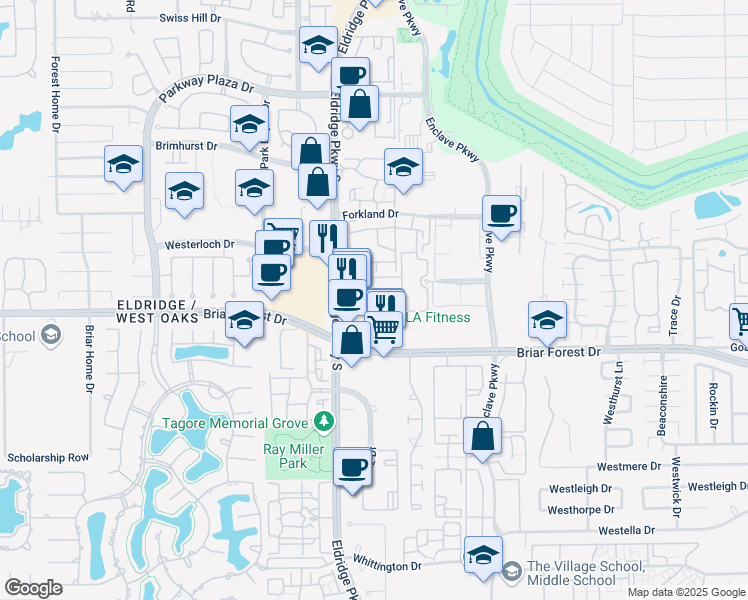 map of restaurants, bars, coffee shops, grocery stores, and more near 13318 Olive Trail in Houston