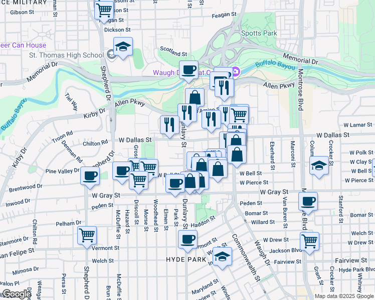 map of restaurants, bars, coffee shops, grocery stores, and more near 1203 Dunlavy Street in Houston