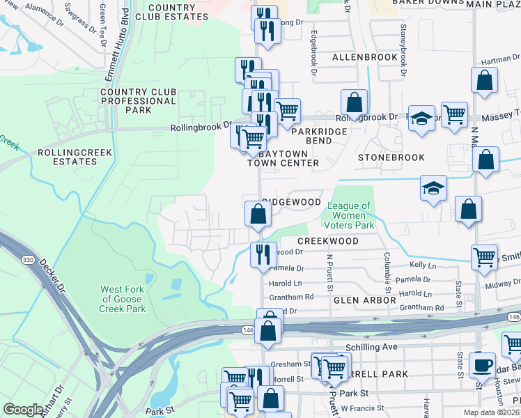 map of restaurants, bars, coffee shops, grocery stores, and more near 3202 Garth Road in Baytown