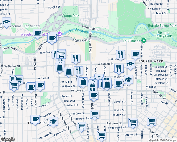 map of restaurants, bars, coffee shops, grocery stores, and more near in Houston