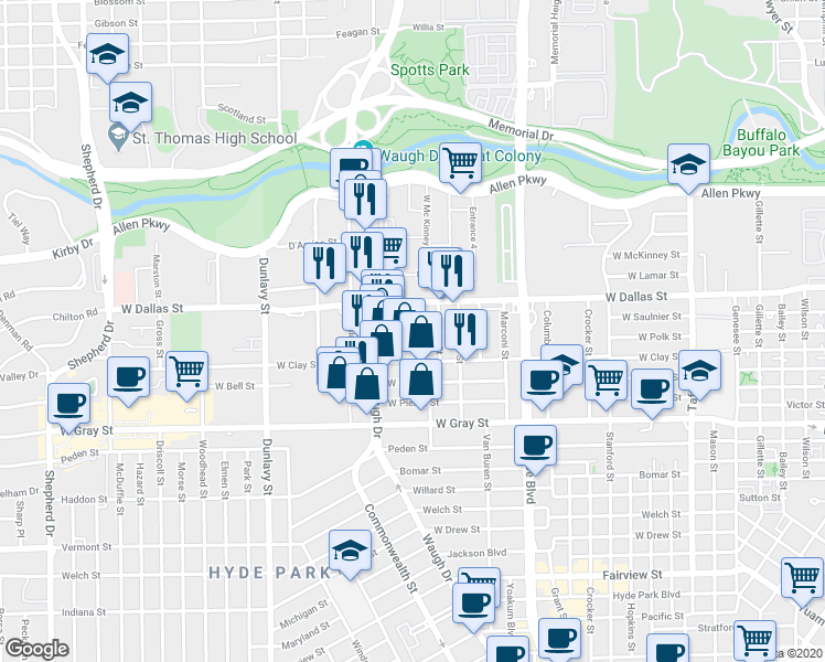 map of restaurants, bars, coffee shops, grocery stores, and more near 1001 Peveto Street in Houston