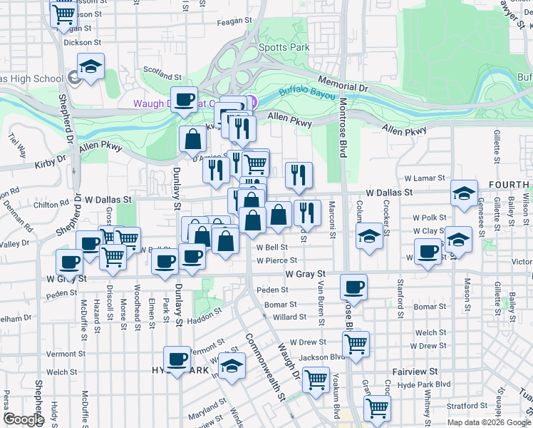 map of restaurants, bars, coffee shops, grocery stores, and more near 1001 Peveto Street in Houston