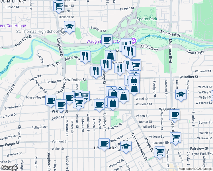 map of restaurants, bars, coffee shops, grocery stores, and more near 3410 West Dallas Street in Houston
