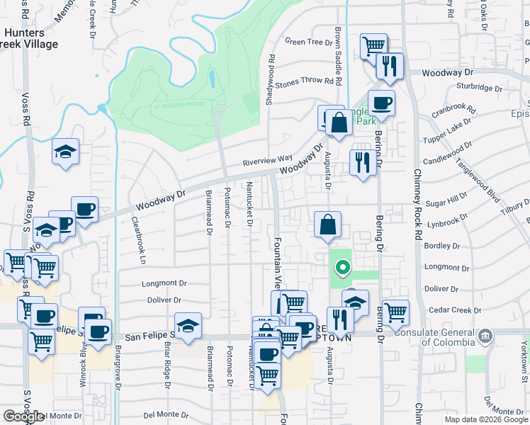 map of restaurants, bars, coffee shops, grocery stores, and more near 1025 Nantucket Drive in Houston