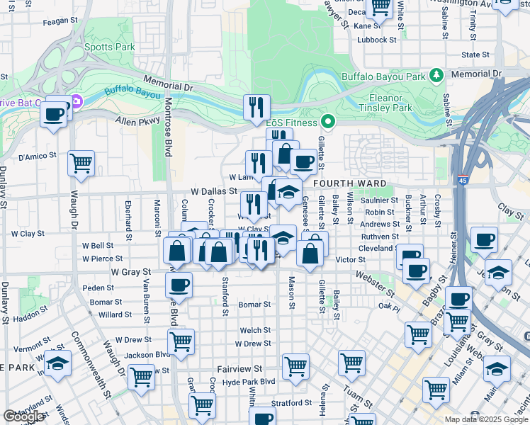 map of restaurants, bars, coffee shops, grocery stores, and more near 314 West Saulnier Street in Houston