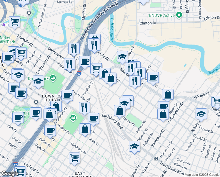 map of restaurants, bars, coffee shops, grocery stores, and more near 2337 Commerce Street in Houston