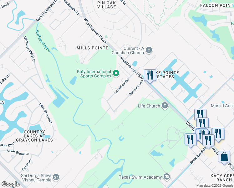 map of restaurants, bars, coffee shops, grocery stores, and more near 25203 Lakeview Road in Katy
